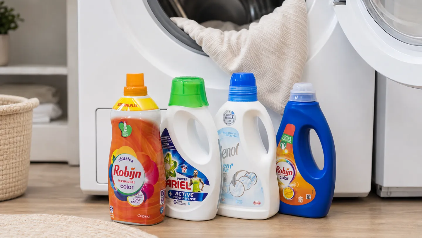 Verschillende flessen wasmiddel voor een wasmachine