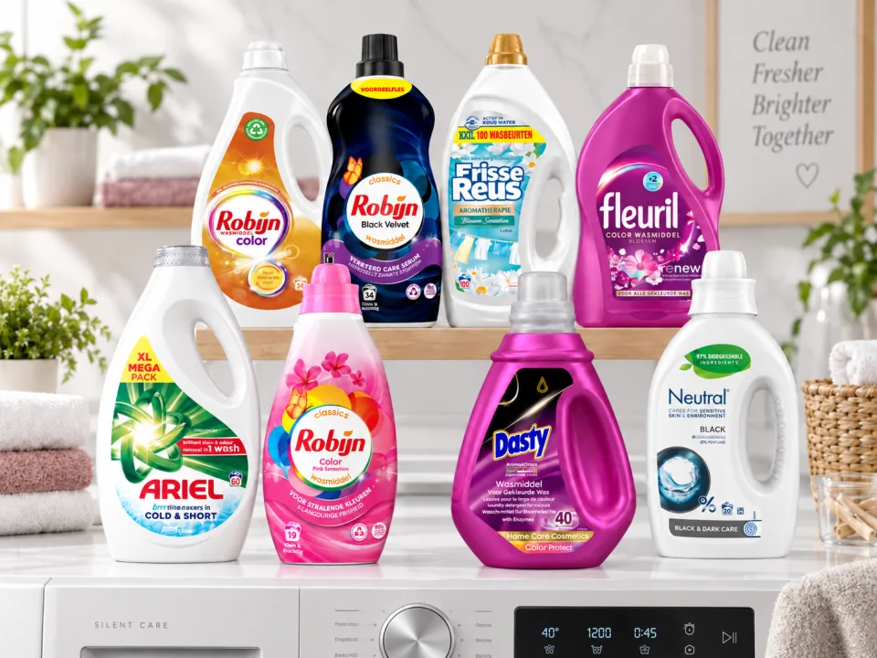 Verschillende flessen vloeibaar wasmiddel van Ariel, Robijn, Dasty, Neutral, Frisse Reus en Fleuril op een wasmachine.