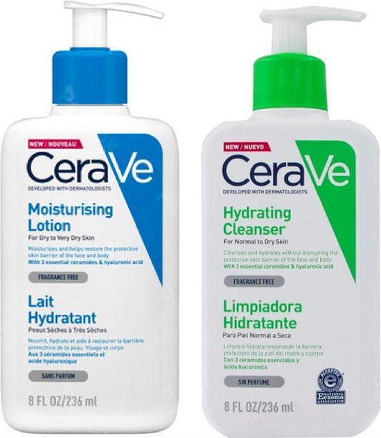 Ceravé Best Selling Duo Small: Hydrating Lotion 236 ml + Hydrating Cleanser 236ml (Face and Body Pack)