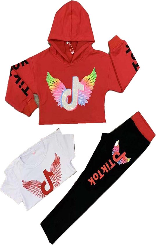 meisjes 3-delig tiktok crop-top loungewear set | trainingspak | ROOD| maat 6 JAAR GF213