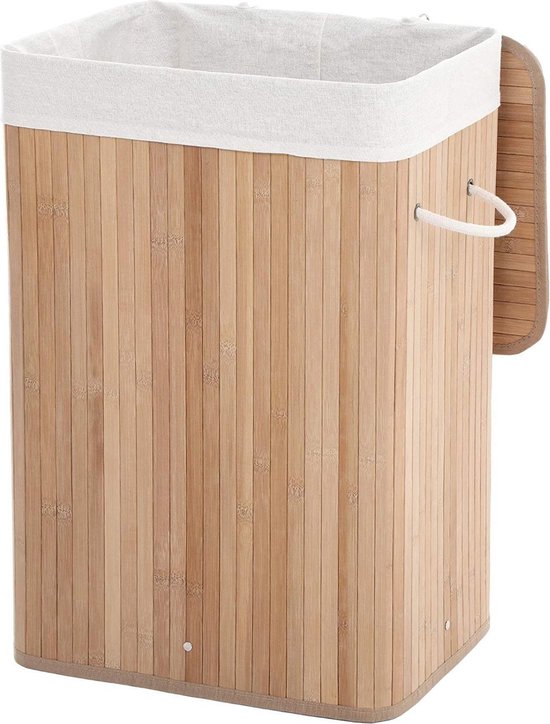 Bamboe Wasmand met Deksel, Katoenen Zak en Handvaten - 72L - Natuurlijk Bruin