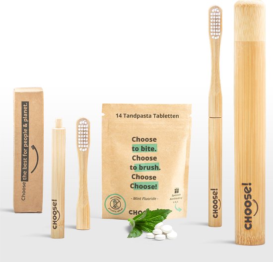 CHOOSE Bamboe Tandenborstel set (2x) + Tandenborstelhouder + Gratis Tandpasta Tabletten | Milieuvriendelijk | Vervangbare Borstel | Medium Borstel | Duurzaam Cadeau - Kerstcadeau - Kerstpakket - Kerst - Geschenkdoos -