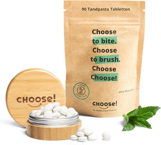 CHOOSE Tandpasta Tabletten met Bamboe Refill Pot - Starter Box - Duurzaam - Zero Waste - Vegan - Fluoride - Ecologisch Verantwoord