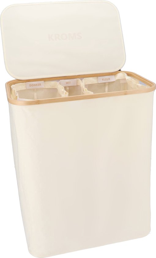 KROMS Wasmand 3 vakken - Beige - 145L - Inclusief NL & ENG labels - Wassorteerder bamboe - Laundry basket - Wasmand met deksel - 145L