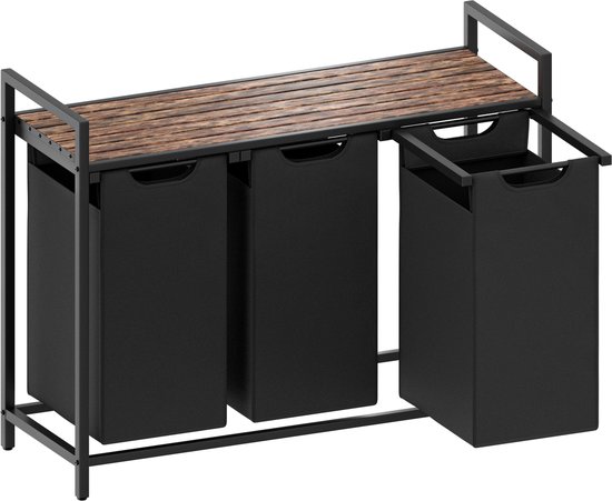 O'DADDY® Wasmand 3 vakken – wassorteerder - wasmanden - wasbox - wasmand bruin - wasmand - wasmanden bruin - 114 liter - 3 zakken - uitschuifbaar met plank - 92.5 x 33 x 71 cm