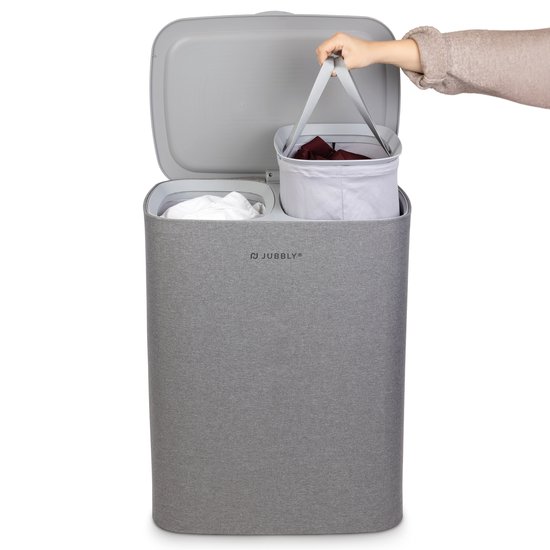 Jubbly® - Wasmand - Wassorteerder - Wasmand met Deksel - Wasmand 2 vakken - Wasmand opvouwbaar - Wasbox - 90 Liter - Grijs - The Splitsmart