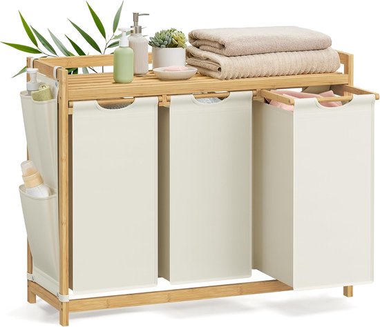 Conway Living® Wasmand 3 vakken – wassorteerder - wasmanden - wasbox - wasmand hout - wasmand - wasmanden bruin - 150 liter - 3 zakken - uitschuifbaar met plank - 94 x 33 x 78 cm