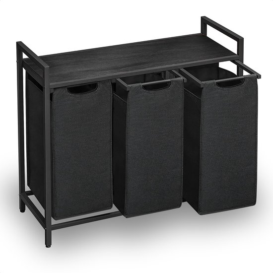 Goliving Wassorteerder – Wasmand met 3 vakken – Wasbox – Oxfort textiel/Metaal/Hout – 3 x 38 Liter – 33 x 92.5 x 71 cm – Zwart