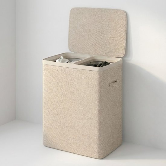 MAZAZU wassorteerder wasmand - 2 vakken 100 liter - met deksel en uitneembare waszakken - beige 56 x 40 x 67 cm