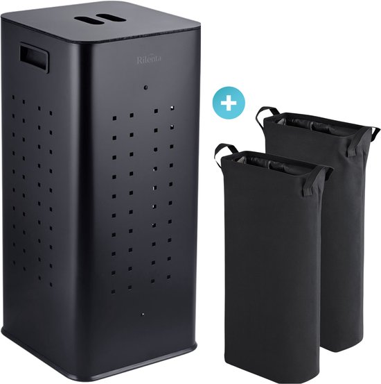 Rilenta Wasmand 70 Liter RVS - Met Deksel, Twee Vakken & 2 Waszakken - 2x 35 Liter Wassorteerder - 70 cm Hoog - Met Sorteerzakken - Dubbele, Smalle, Grote & Hoge Wasmand - Wasgoed - Wasmanden - Wasbox - Was Sorteren - Laundry Basket - Cadeau - Zwart
