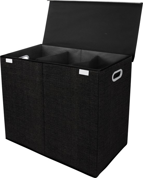 Zonovi Wasmand – Drie Vakken Met Deksel – 3 in 1 Wasmand - Sorteer Wasmand - Opvouwbaar – Wassorteerder – Dichte Wasmand - Dubbele Wasmand – Laundry Basket – Wasbox – Organizer Kleding - Stof – Zwart - Zwarte – 110L