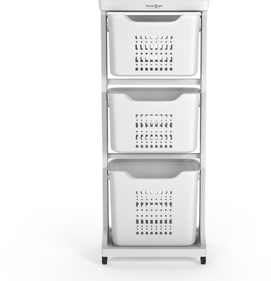 Wasophoogte Wasmand 3 vakken - Wit - Wassorteerder 3 vakken - Laundry basket met wieltjes - wasbox