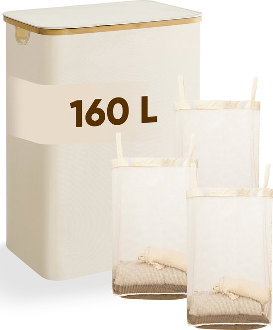 DARI. - Wasmand 3 vakken - Wassorteerder - 160L - met 3 uitneembare zakken - wasmand - beige - knopen