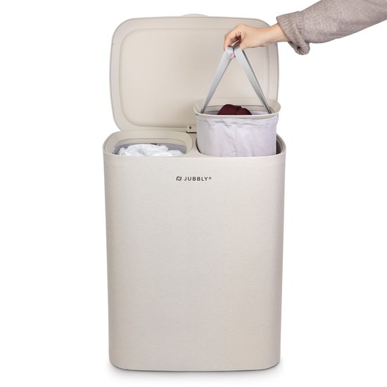 Jubbly® - Wasmand - Wassorteerder - Wasmand met Deksel - Wasmand 2 vakken - Wasmand opvouwbaar - Wasbox - 90 Liter - Beige - The Splitsmart