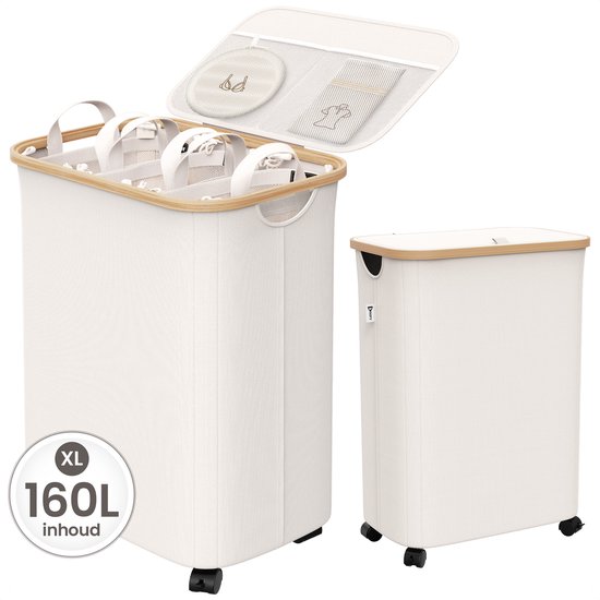 Knipy Wasmand 3 Vakken - Wassorteerder met Deksel - Wasbox op Wielen - 160L - Opvouwbaar - Laundry Basket Bamboe - Incl. 5 Waszakken & 5 NL Labels - Beige