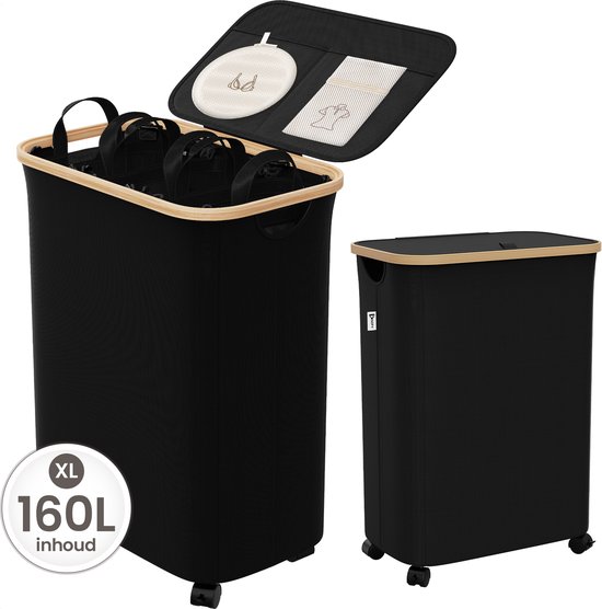 Knipy Wasmand 3 Vakken - Wassorteerder met Deksel - Wasbox op Wielen - 160L - Opvouwbaar - Laundry Basket Bamboe - Incl. 5 Waszakken & 5 NL Labels - Zwart