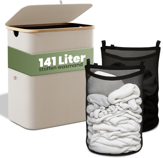 Nince Wasmand - 2 Vakken - 141L - Met Deksel - Wassorteerder - Uitneembare Waszakken - Bamboe - Opvouwbaar - Beige