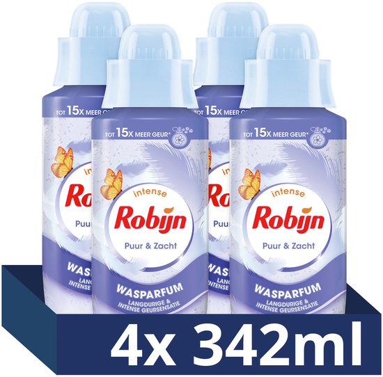 Robijn - Intense Wasparfum - Puur & Zacht - 4 flessen x 342 ml - Voordeelverpakking