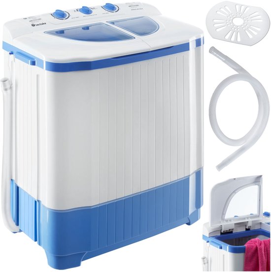 tectake® Mini Wasmachine - Kleine Wasmachine met Dubbele Trommel - Camping Wasmachine - Miniwasmachine met Centrifuge - Was-Droogcombinatie - 4,5kg Wassen, 3,5kg Drogen - Zuinig en Stil - Inclusief Aansluitslang
