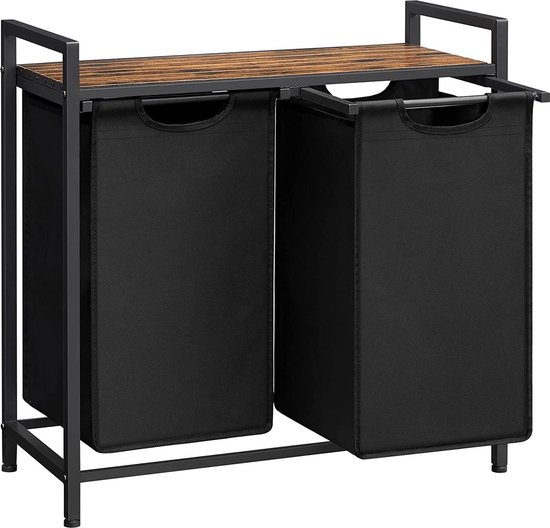 xDays Wasmand 2 vakken – uitschuifbaar met plank - 73 x 33 x 71 cm - wassorteerder - 88 liter verdeeld over 2 zakken – wasmanden zwart metaal en bruin hout
