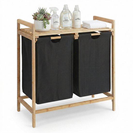 ACAZA Wasmand - 2 Vakken - Wassorteerder - 44 L - bamboe - 73,5 x 64, 5 x 33 cm - Zwart