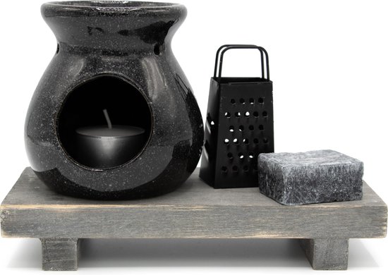 Comforder Amberblokjes Cadeauset met Brander, Waxinelichtje, Schaaltje en Rasp - Geurblokje Black Musk - Giftset