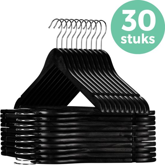 LifeGoods Kledinghangers - 30 Stuks - Kleerhangers - Broekhangers - Hardhout - Hangers Kleding - Metalen Draaibare Haak - Zwart