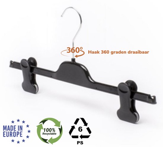 TopHangers [Set van 10] De mooiste kunststof knijperhangers! stevige kledinghangers / broekhangers / rokhangers / kleerhangers met mooi uitgevoerde, verschuifbare zwarte knijpers voorzien van een zachte rubberen anti-slip aan de binnenzijde