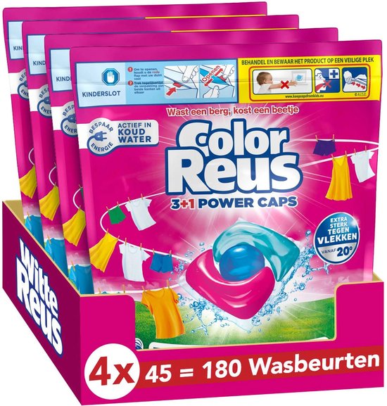 Witte Reus Color Reus Wasmiddelcapsules 3+1 Power Caps Gekleurde Was - 4 x 45 stuks - Voordeelverpakking