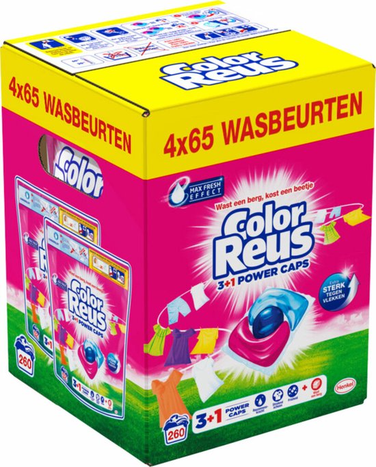 Witte Reus Wasmiddelcapsules 3+1 Power Caps Kleur - 4 x 65 beurten - Voordeelverpakking