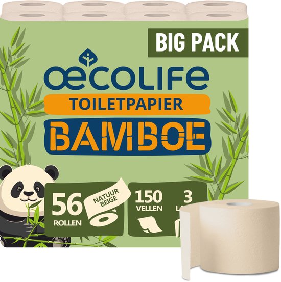 Bamboe toiletpapier, 3-laags, 56 rollen van 150 vellen, superzacht, getest door Dermatest, duurzaam en milieuvriendelijk, zacht voor de huid, beige papier
