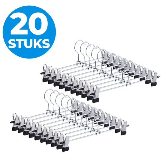 ACAZA Kledinghangers - Broekhanger - Rokhangers - 31 cm lang - Met Knijpers - Anti Slip - 20 Stuks - Metaal - Zilver