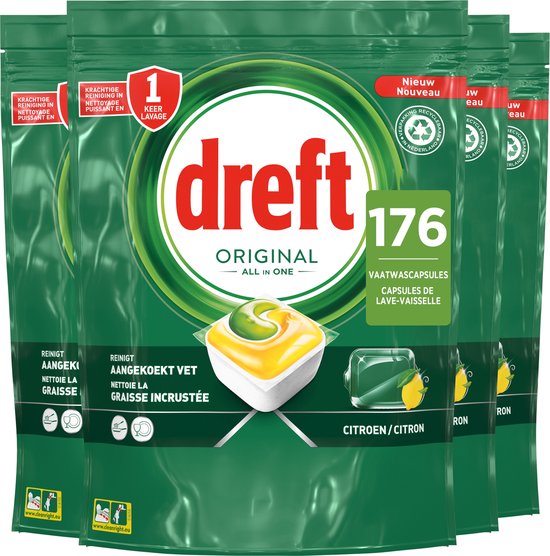 Dreft Original All In One Vaatwastabletten Citroen - Voordeelverpakking 4 x 44 stuks