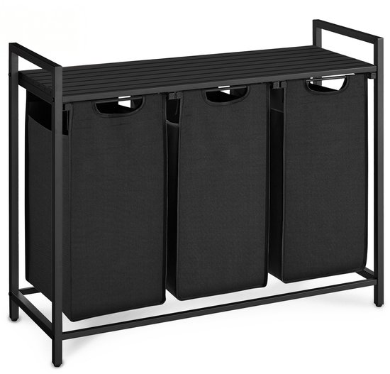 O'DADDY® Wasmand 3 vakken – wassorteerder - wasmanden - wasbox - wasmand zwart - wasmand - wasmanden zwart - 114 liter - 3 zakken - uitschuifbaar met plank - 92.5 x 33 x 71 cm
