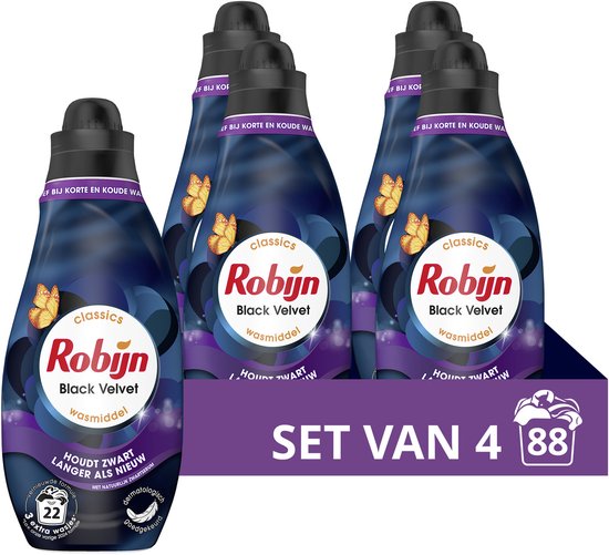 Robijn - Vloeibaar Wasmiddel - Klein & krachtig - Black Velvet - 4 flessen - 88 Wasbeurten - Voordeelverpakking